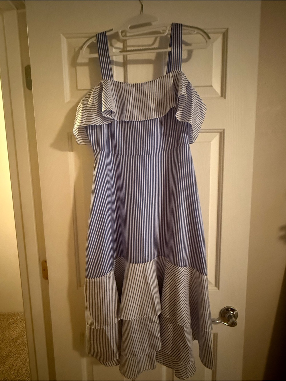 J. Crew Blue and White Striped Ruffle-Hem Sundress